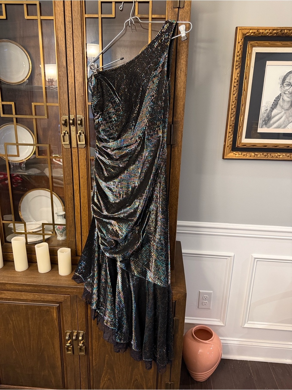 Vintage New Leaf by Samir Black Iridescent Draped Evening Dress